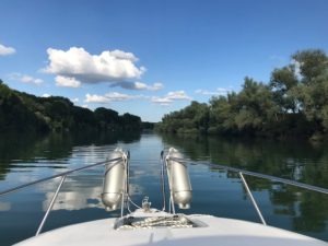 Man sieht den Bug des Bootes mit der Reling den Fendern und Leinen. Im Hintergrund der Rhein mit seinen bewachsen Ufern und den blauen Himmel.