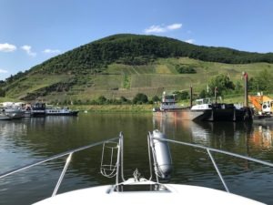 Blick vom Bug des Bootes auf den Rhein und seine tolle Landschaft mit Weinbergen und Wäldern. Im Bild rechts sieht mein ein größeres Frachtschiff und auf der anderen Seite links einen Hafen mit vielen verschiedenen Booten.